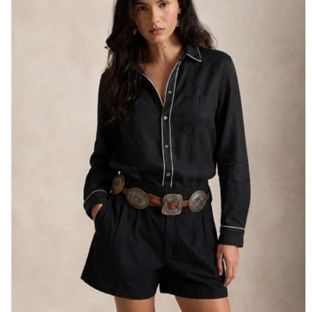 Lauren Ralph Lauren Womens 100% Linen Button Down Shirt Black Size 1X Preppy